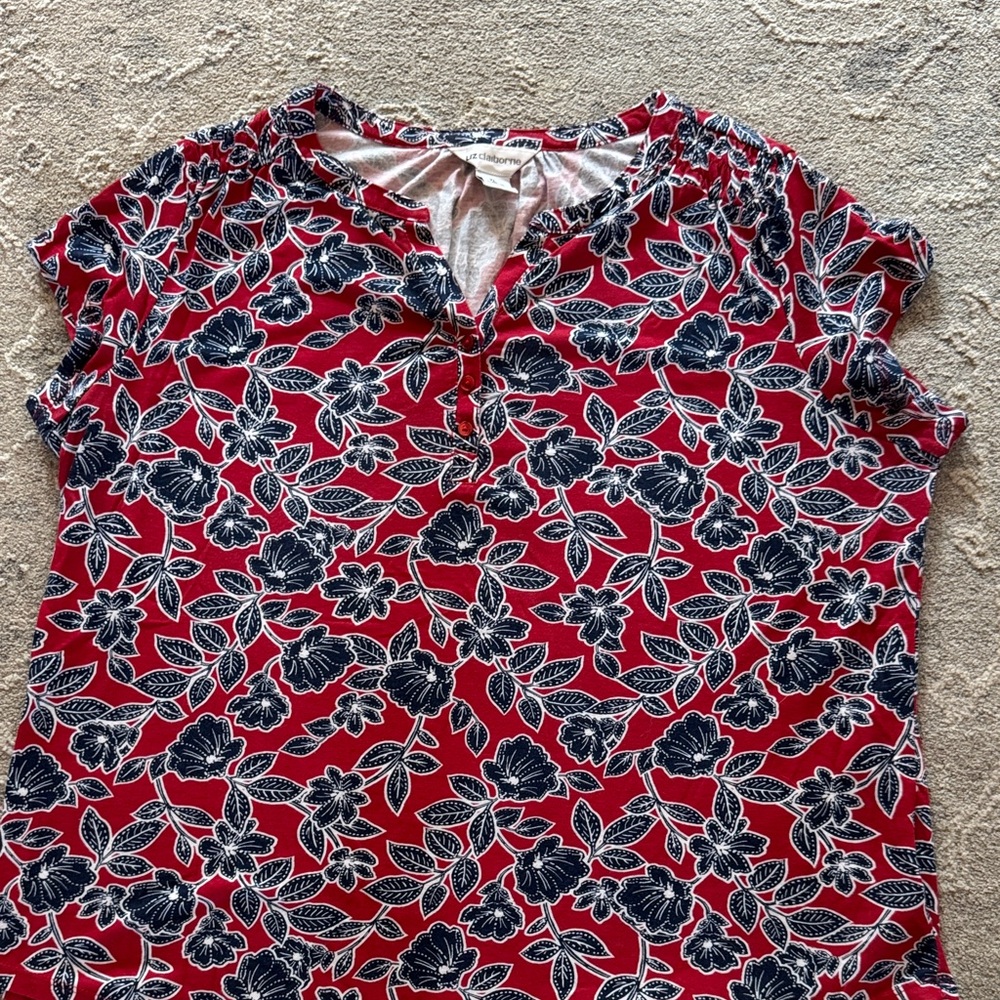 Liz Claiborne Red and Blue Floral Blouse